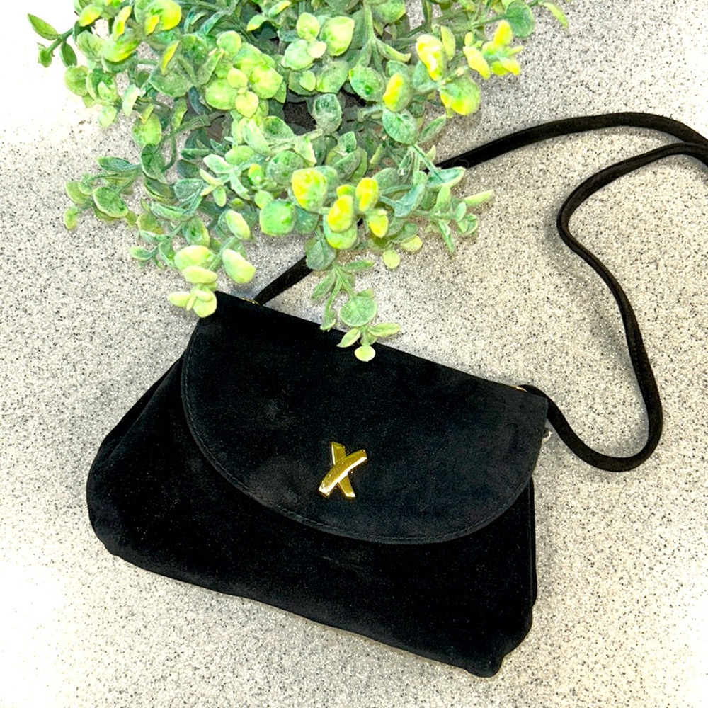 RARE PALOMA PICASSO Black suede Crossbody snap front purse AS IS